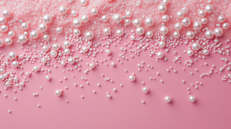 Pearl confetti on pink background. Flat lay, top view.の素材
