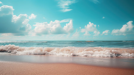 Empty beach and sky background in summer with copy space. Travel and vacation concept. Template for advertising design, cosmetic, beauty. Product display or montage.の素材