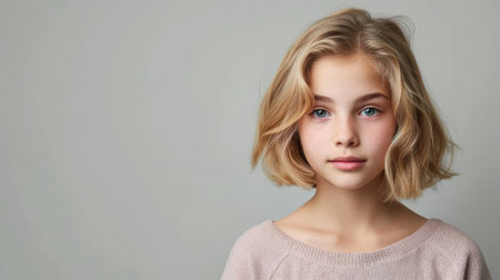 Portrait of young girl with blond short hairstyle looking at camera isolated on gray background with copy spaceの素材