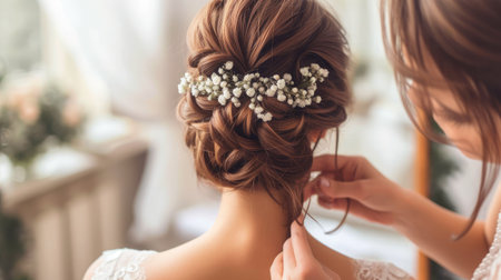 Professional stylist making wedding hairstyle for bride in salon, back viewの素材