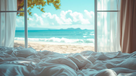 Close up bedroom with white messy bedding and big window with view to beautiful sea ocean beach. Summer, travel, vacation, holiday, mindfulness, relax conceptの素材