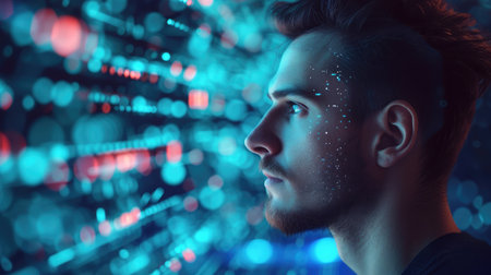 Side view profile of handsome young man against futuristic hologram background. Science, technology, future and AI concept.の素材