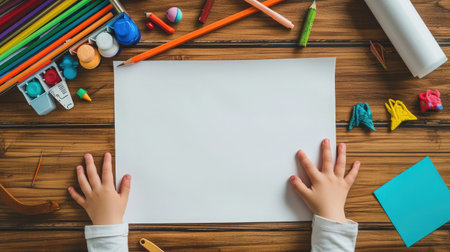 Child hand and blank white paper sheet with art supplies around on wooden table. Top view. Education, learning, hobbyの素材