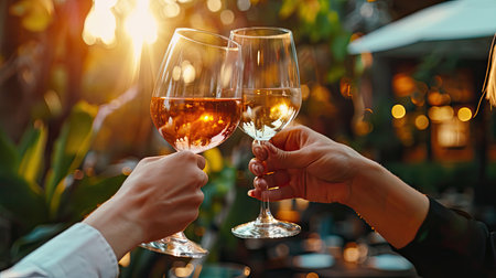 Two bartender enjoying of Cheers glass of wine for wine tasting event in a restaurant at sunset. bartender, tasting, Dinner, Wine, beverage, dinner concept.の素材