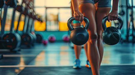 fitness ,workout, gym exercise ,lifestyle and healthy concept.Woman in exercise gear standing in a row holding dumbbells during an exercise class at the gym.の素材