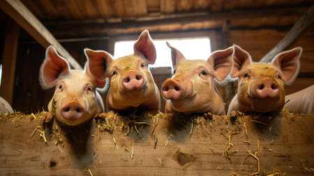 Pigs waiting feed,pig indoor on a farm yard. swine in the stallの素材