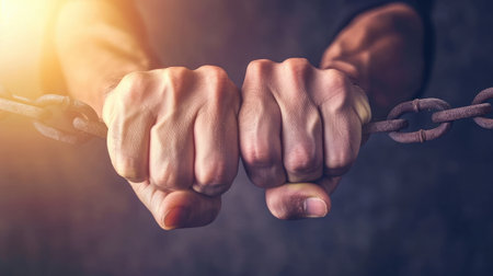 Hands in fists breaking a chain freedom. The concept of gaining freedom.の素材