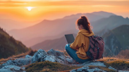 Young woman freelancer traveler working online using laptop and enjoying the beautiful nature landscape with mountain view at sunriseの素材