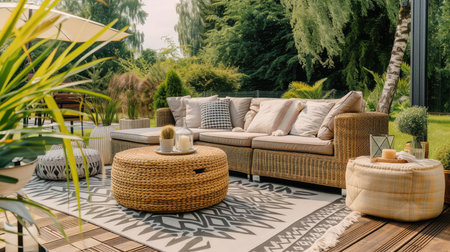 Garden patio decorated with Scandinavian wicker sofa and coffee tableの素材