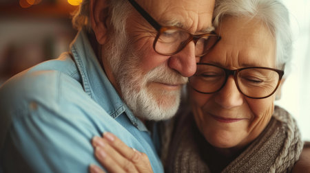 Elderly couple in love. Senior husband and wife hugging and bonding with true emotionsの素材