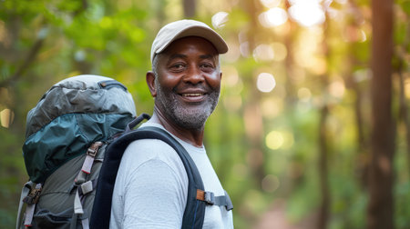 Portrait, black man and hiking in forest, exercise and fitness for wellness, healthy lifestyle and smile.の素材