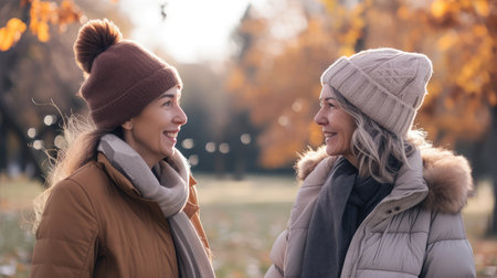 Young woman in park wearing winter clothing walking with old grandmother.の素材