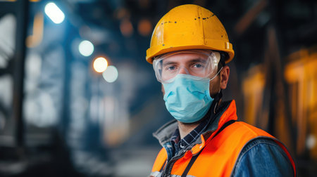 Worker wearing protective mask to Protect Againstの素材