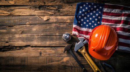 American flag with safety helmet and tools on wooden background. Labor day conceptの素材