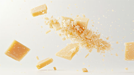 Parmesan cheese flying in different directions with crumbs on a white background with space for the text.の素材