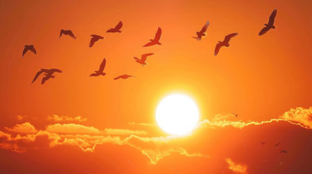 Sun shining and birds silhouettes flying sunset sky go homeの素材