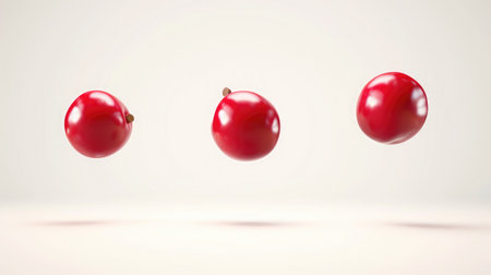 Isolated cherries. Three flying cherry fruits isolated on white backgroundの素材