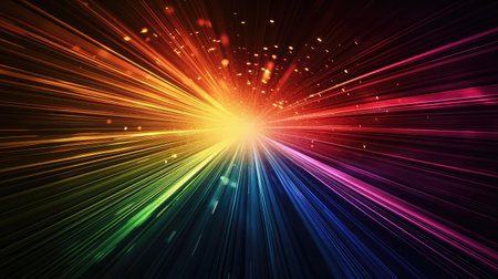 abstract dark background of light with stripes of colourful rays moving from the centerの素材