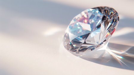 Close-up view of a clear round brilliant cut diamond with caustics rays on white backgroundの素材
