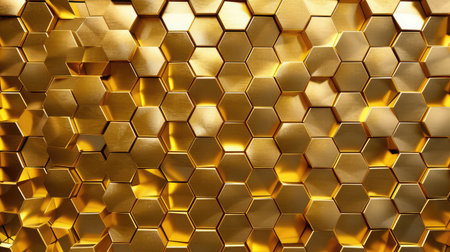 Golden hexagon cell tiling on the luxury decoration interior Gold metal honeycomb, hexagon, abstract metal backgroundの素材