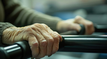 Hands of old woman on handles of a treadmill in physiotherapyの素材