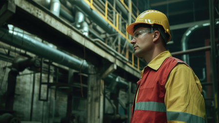 male occupational health and safety officer inside factory doing inspectionの素材