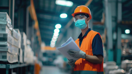 Portrait man worker under inspection and checking production process on factory station by wearing safety mask to protect for pollution and virus in factory.の素材