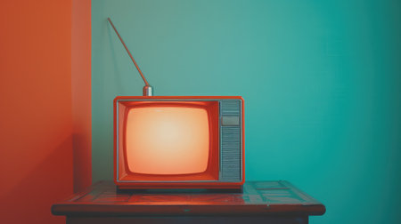 Retro old orange TV receiver on table front gradient aquamarine wall background. Vintage style filtered photoの素材