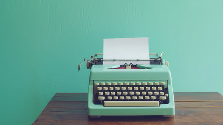 Retro old typewriter with paper on wooden table front mint green backgroundの素材