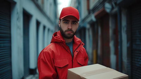 Handsome Deliver Male in Front . Fast and Free Delivery Transport. Shopping Online and Express Theme. warehouseの素材