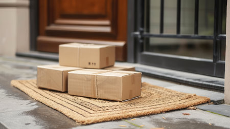 Delivered parcels on door mat near entranceの素材