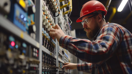 Electrician engineer checks electrical circuit in control panel for high current and voltage, starting and commissioning relays for industrial production.の素材