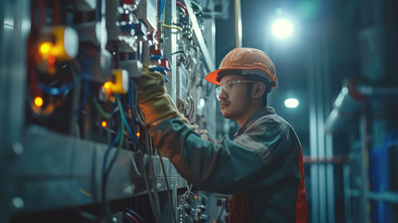 electricity engineer male dangerous working fix service high voltage electrical cabinet. worker repair electric surge problem problem in industry factory.の素材