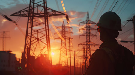 Electrician in protective helmet working on high voltage power lines. Highly skilled workmen servicing the electricity grid. Modern power station with power towersの素材