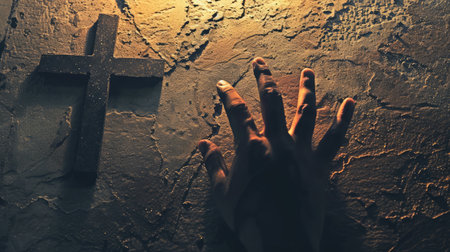human hand silhouette asking for help from the cross representing Jesus --ar 16:9 --v 6 Job ID: 2ed91a58-347f-48db-a86b-ac78692c2a28の素材