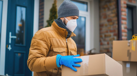Home delivery shopping box man wearing gloves and protective mask delivering packages at door.の素材