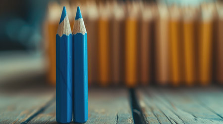 different businessman concept.blue pencil standing out from a bunch pencils on wooden floor. Vintage Styleの素材
