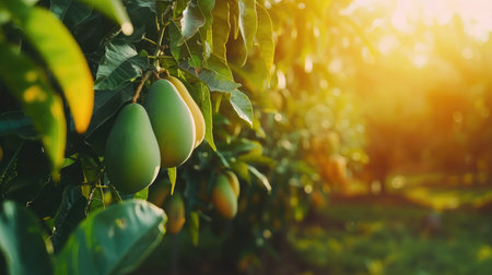 Mangoes tree in the garden are excellent source of vitamin C. Green organic Mangoes fruit hanging on treeの素材