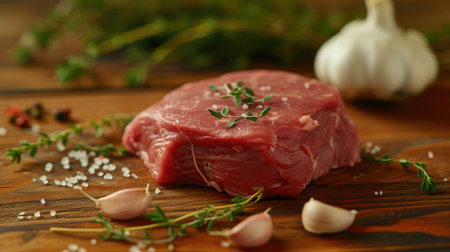 Piece of raw beef meat, garlic and thyme on wooden table, closeupの素材