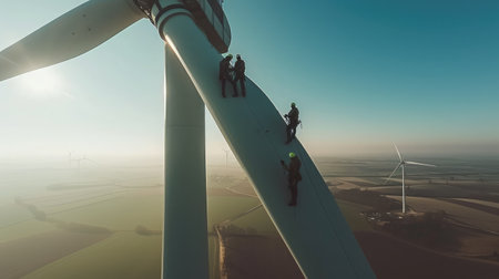 Inspection engineers preparing to rappel down a rotor blade of a wind turbine in wind farm on a clear day with blue sky.の素材