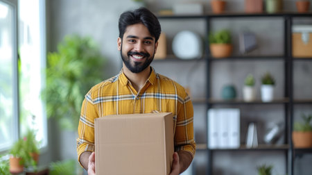 Happy Young Indian Man Embracing Cardboard Box With Delivery At Home, Handsome Smiling Eastern Male Holding Delivered Parcel In Hands While Standing Near Desk In Living Room, Copy Spaceの素材