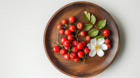 Wooden plate with fresh rose hip berries and flower on white backgroundの素材