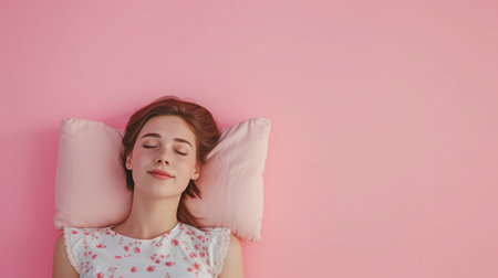 Top above high angle view photo portrait of satisfied woman sleeping on pillow isolated on pastel pink colored backgroundの素材