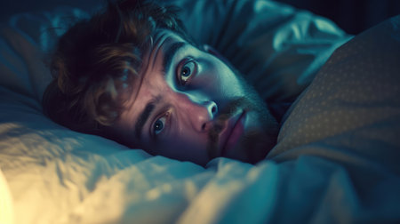 young man in bed with eyes opened suffering insomnia and sleep disorder thinking about his problemの素材