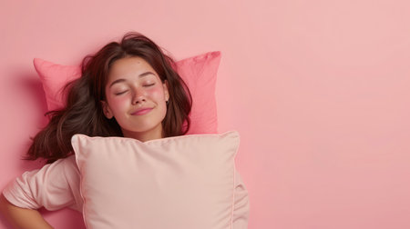 Top above high angle view photo portrait of satisfied woman sleeping on pillow isolated on pastel pink colored backgroundの素材