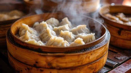 Boiled and hot chinese dumplings in wooden steamerの素材