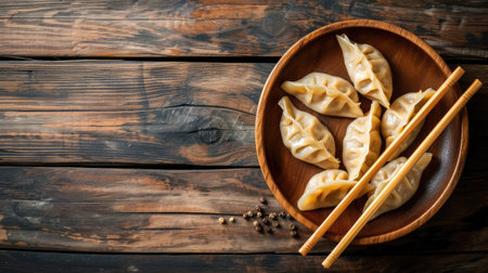 Top view fresh dumplings with hot steams on wood plate with chopsticks. Chinese food on rustic old vintage wooden background.の素材