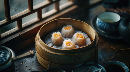 Chinese dim sum in a bamboo steamer boxの素材