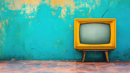 Retro old yellow TV front turquoise wall backgroundの素材