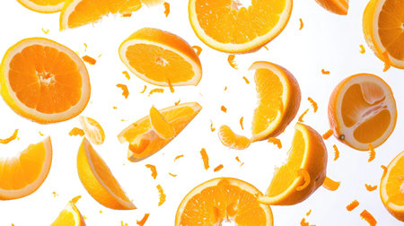 Falling orange and orange slices. Isolated on a white background.の素材